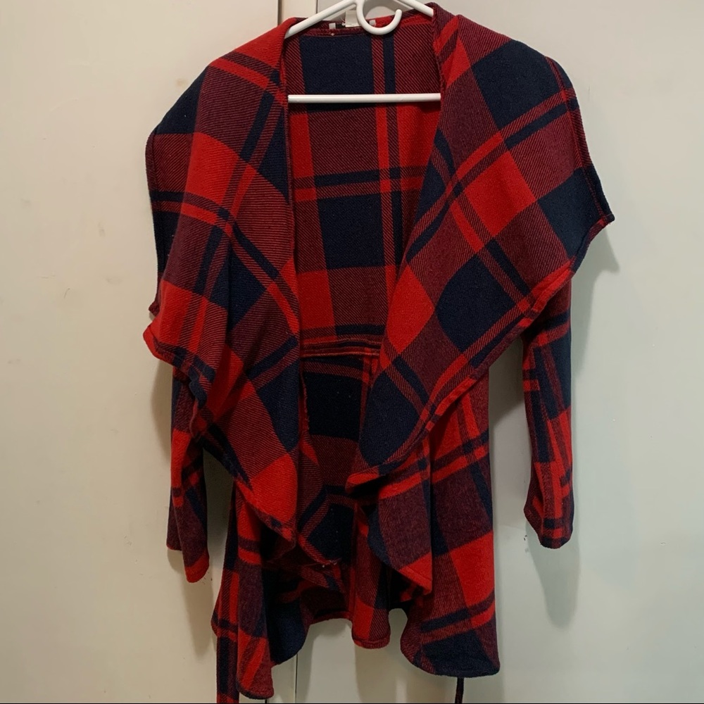Red and navy plaid coat
